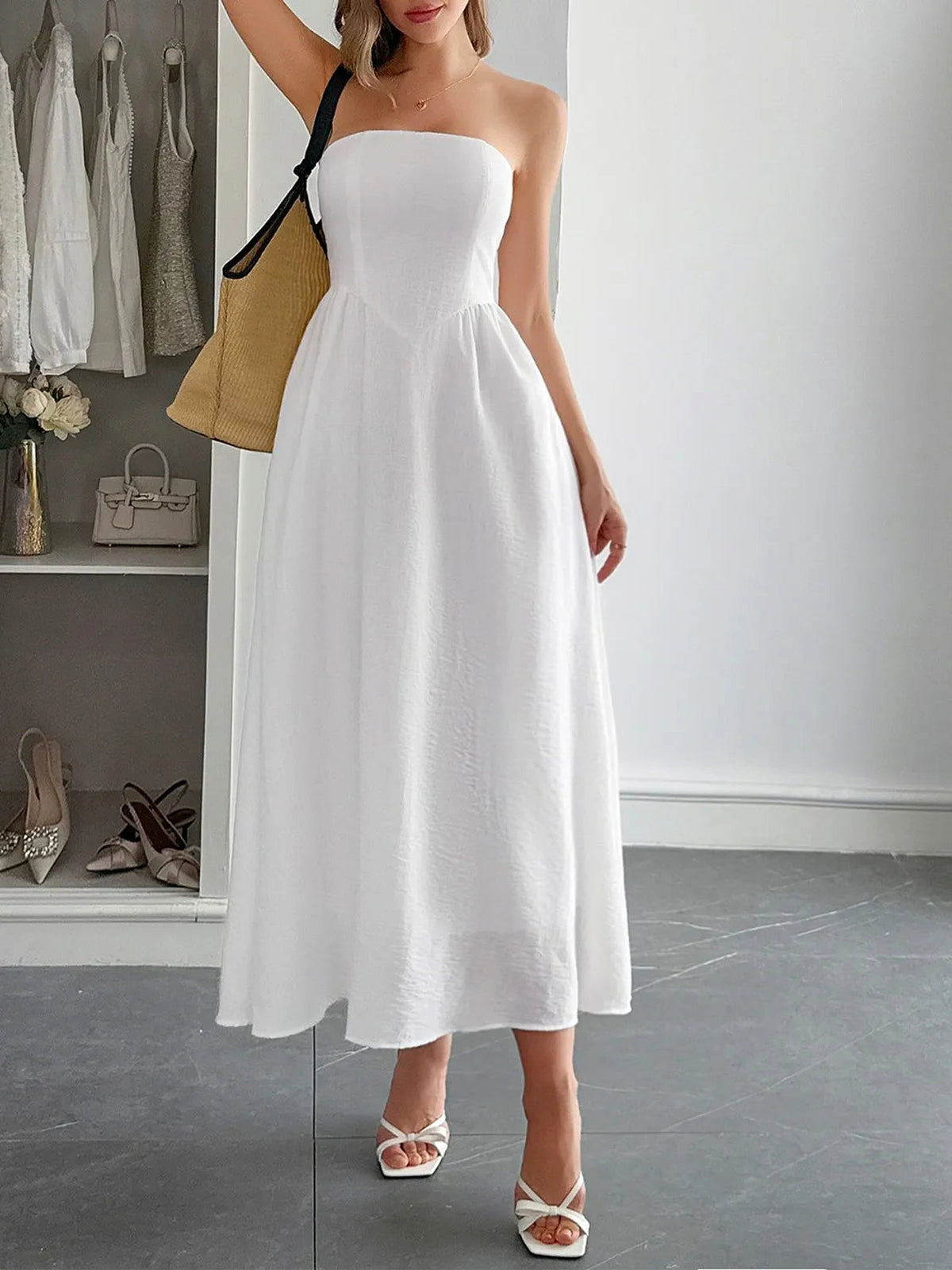 Strapless A-Line Midi Dress with Pockets - enhanced image 6
