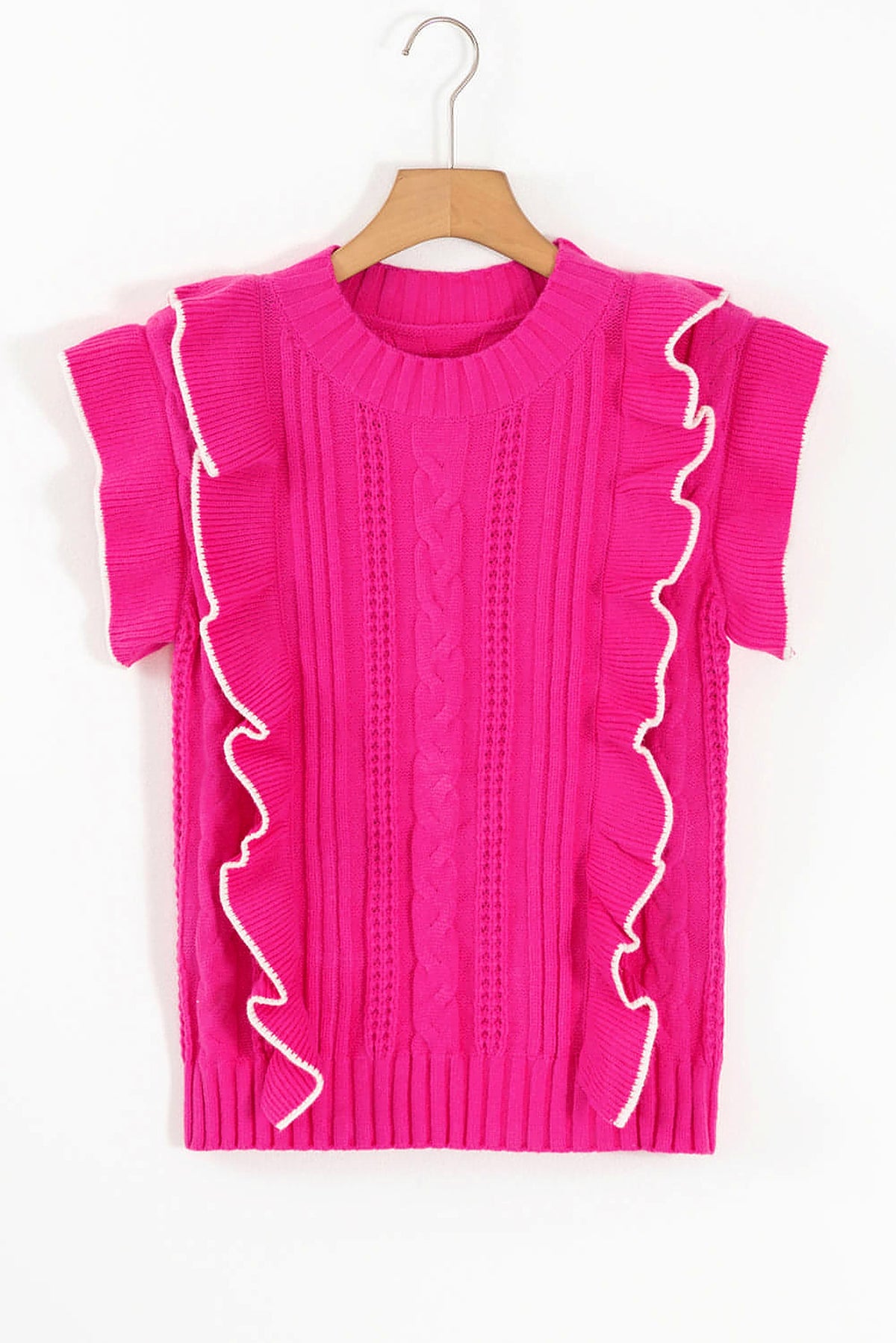 Strawberry Pink Textured Knit Ruffled Mock Neck Sweater Tank - enhanced image 6