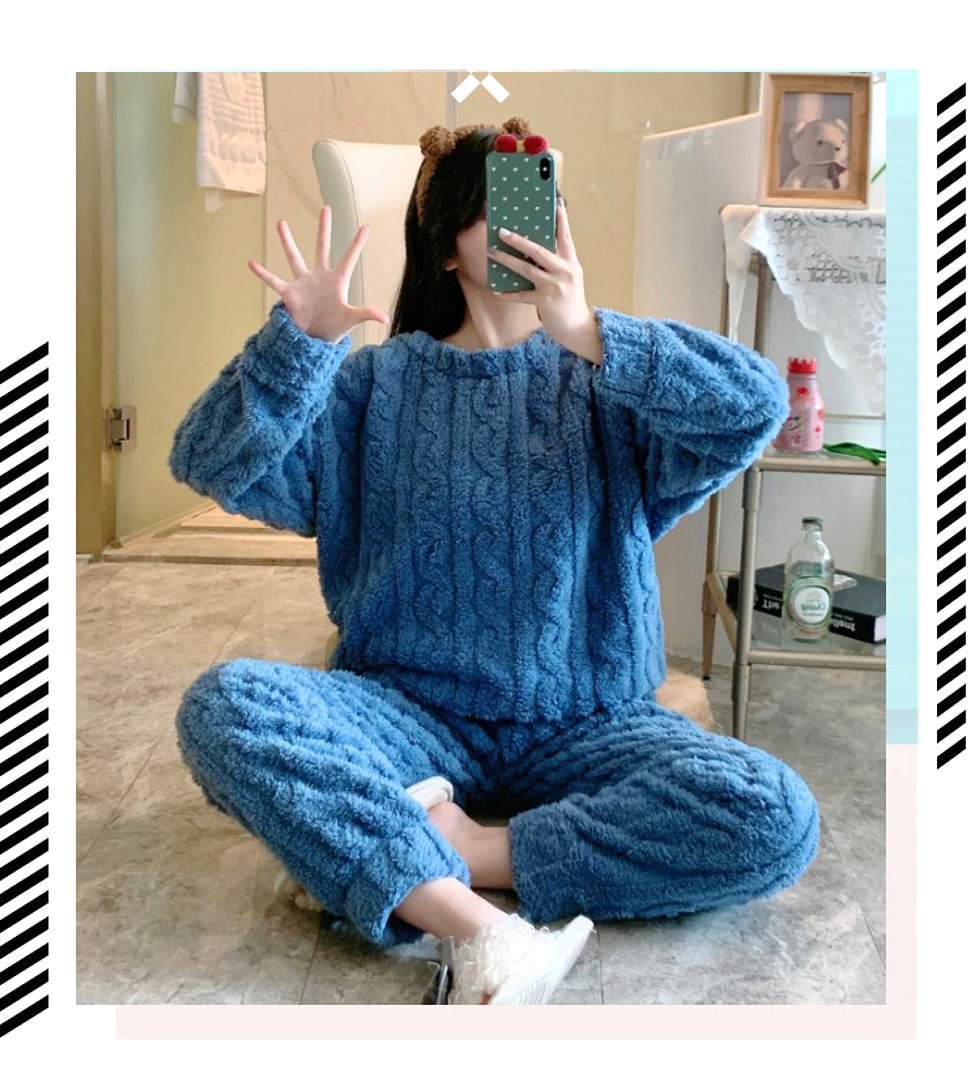 Thick Fleece Pajamas Women's Thermal Round-neck Flannel Homewear Suit - enhanced image 6