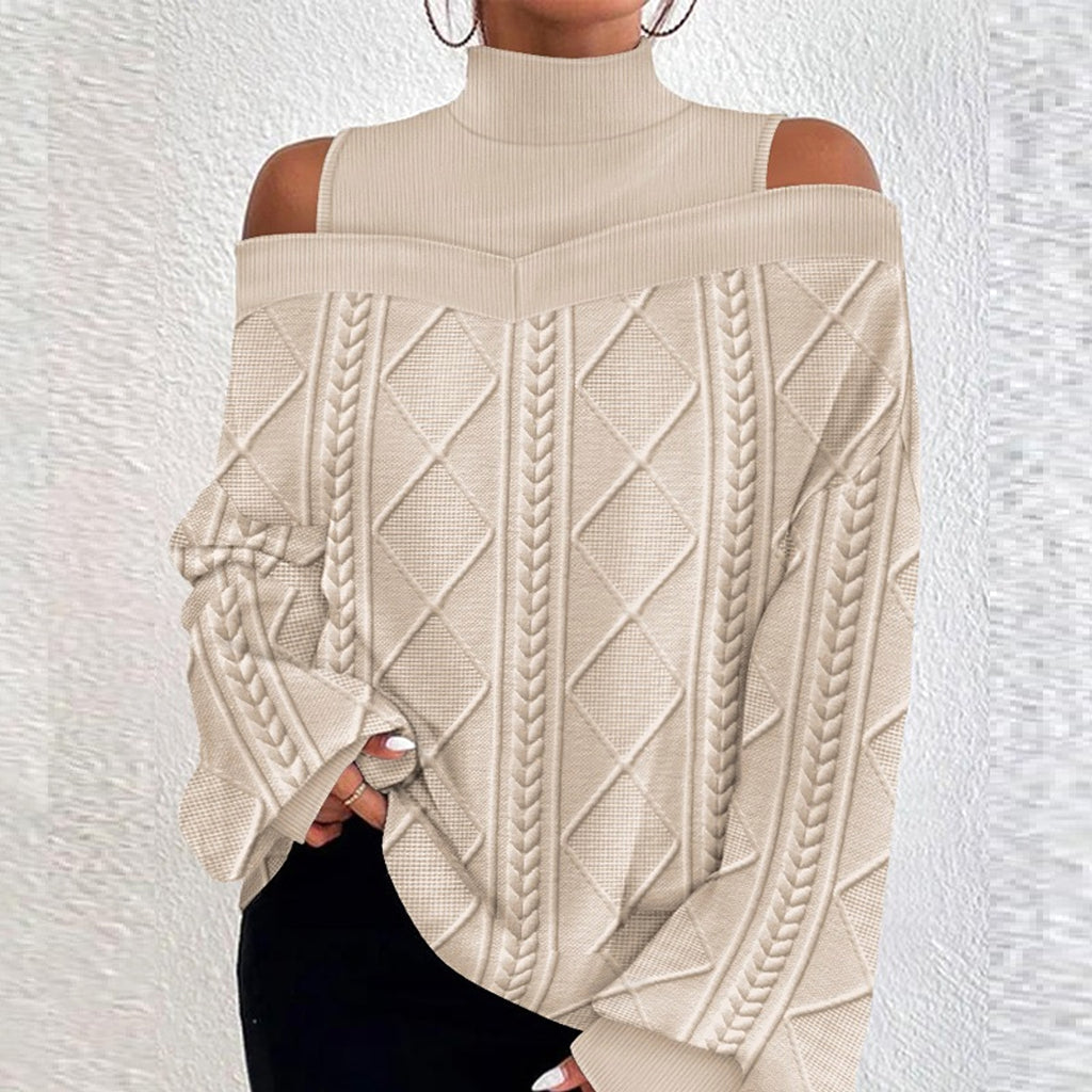 Twist Patchwork Cold-shoulder Long-sleeved Sweater Top Women - enhanced image 6