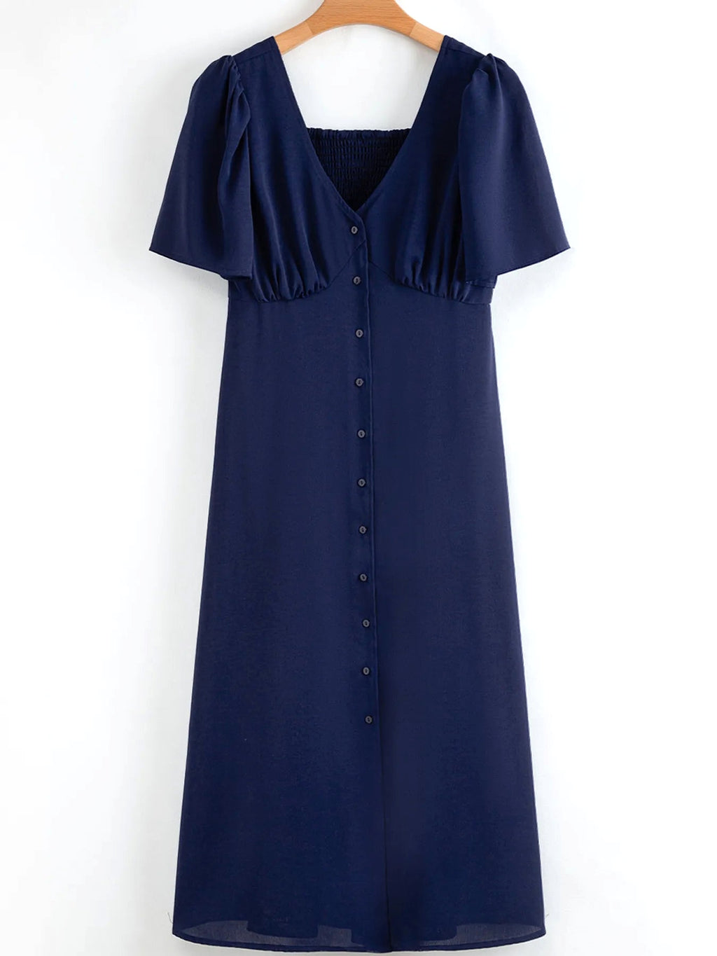 V Neck Buttoned Front Shirred Back Short Sleeve Midi Dress - enhanced image 6