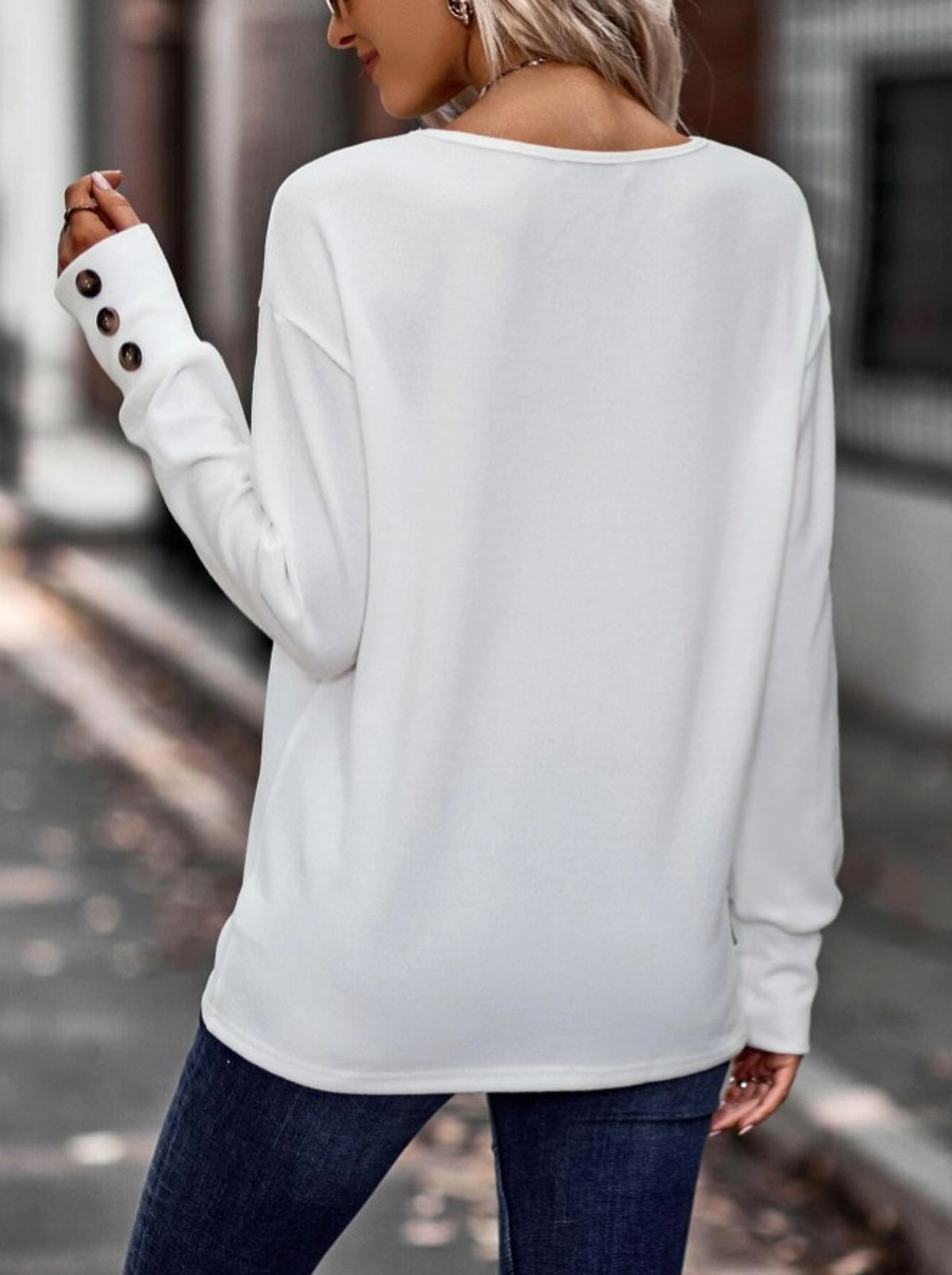 V-neck Loose Long Sleeve T-shirt Button Women - enhanced image 6