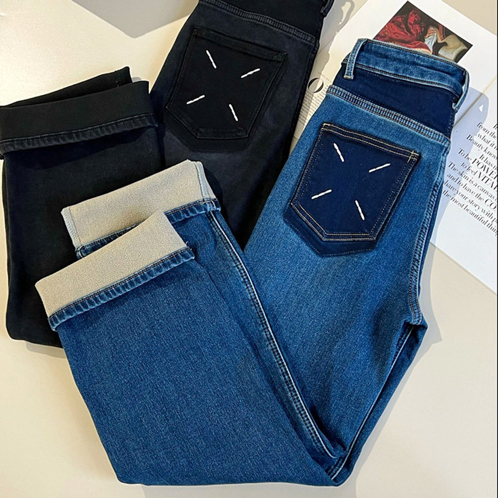 Vintage Handmade Embroidered Warm Washed Jeans Women - enhanced image 6