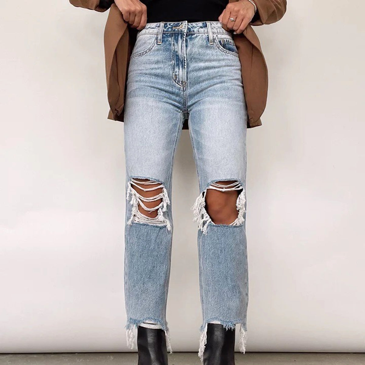 Water Washed Hole High Waist Loose Straight Trousers Women Jeans - enhanced image 6