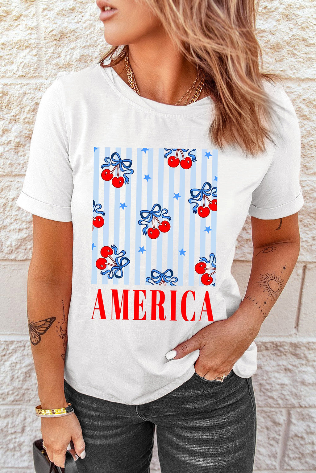 White Bow Cherry AMERICA Graphic Crewneck Patriotic T Shirt - enhanced image 6