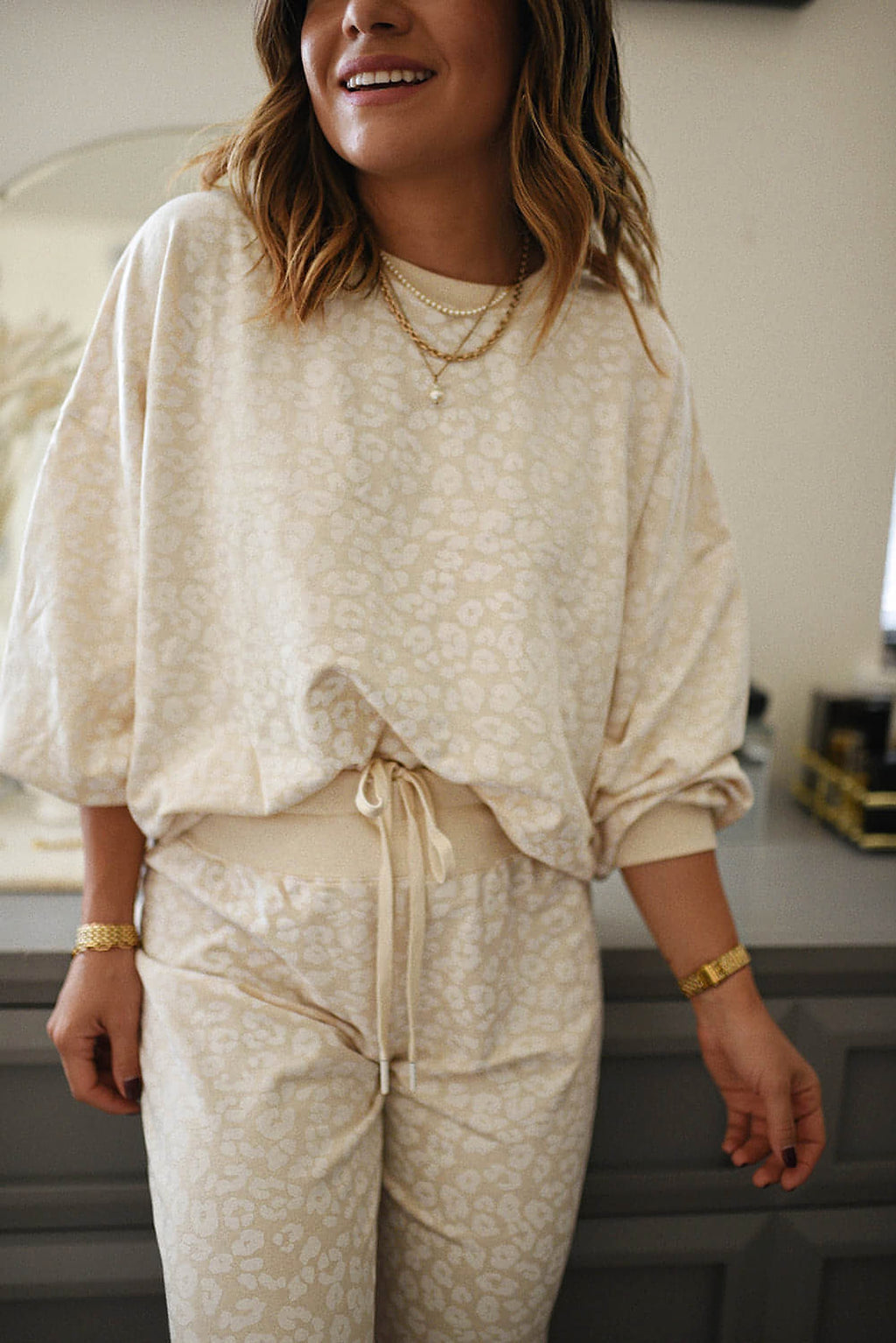 White Cheetah Print Two Piece Loose Fit Cozy Loungewear - enhanced image 6