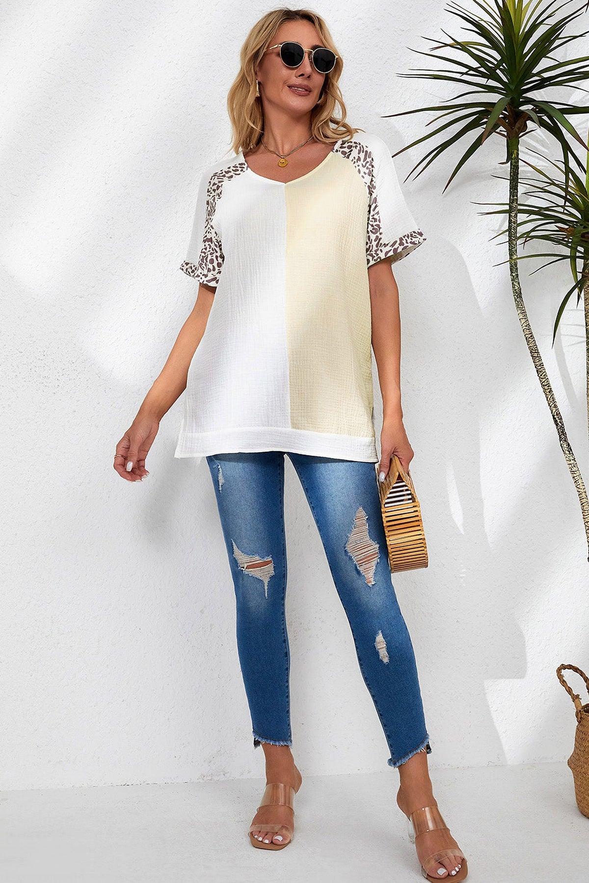 White Distressed Color Patchwork Leopard Trim Blouse - enhanced image 6