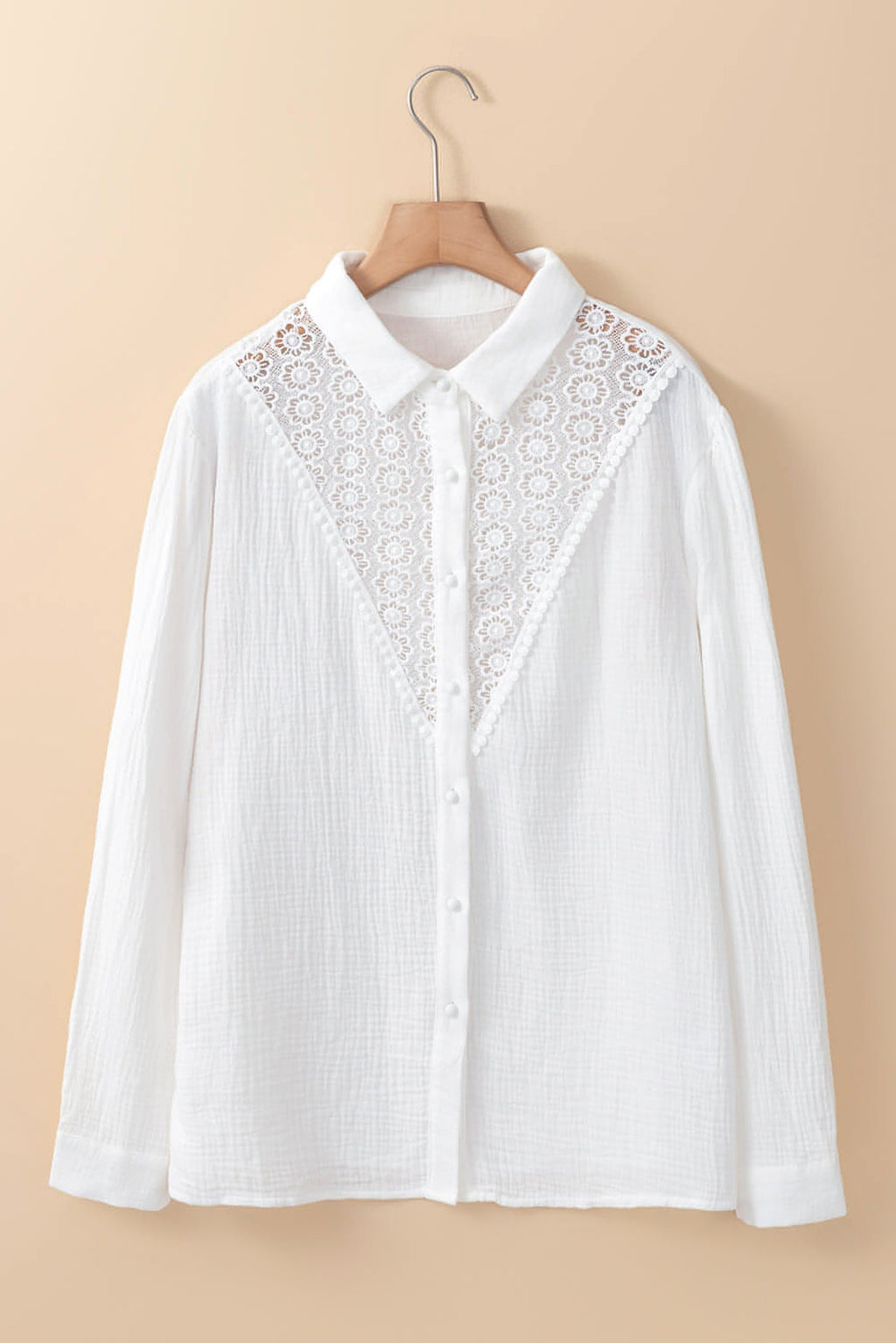 White Floral Lace Hollow-out Splicing Crinkled Shirt - enhanced image 6