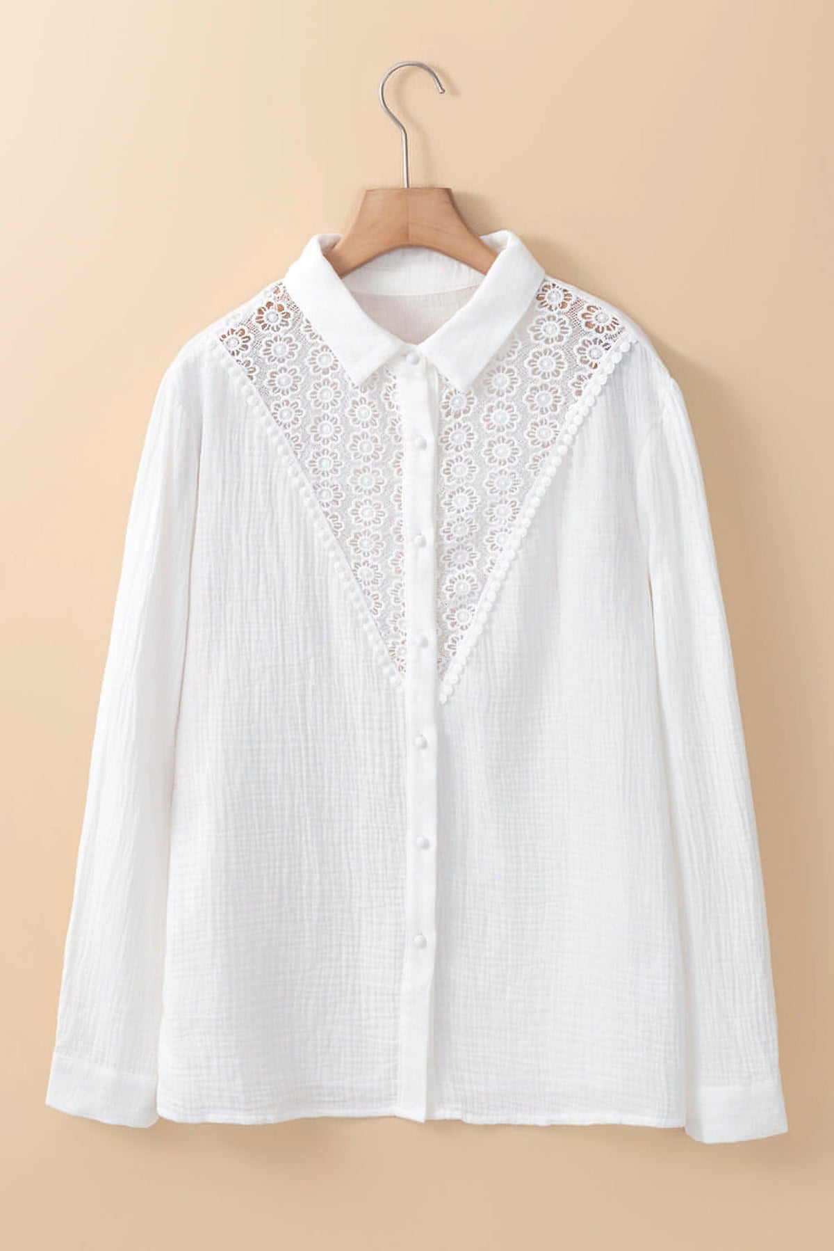 White Floral Lace Hollow-out Splicing Crinkled Shirt - enhanced image 6