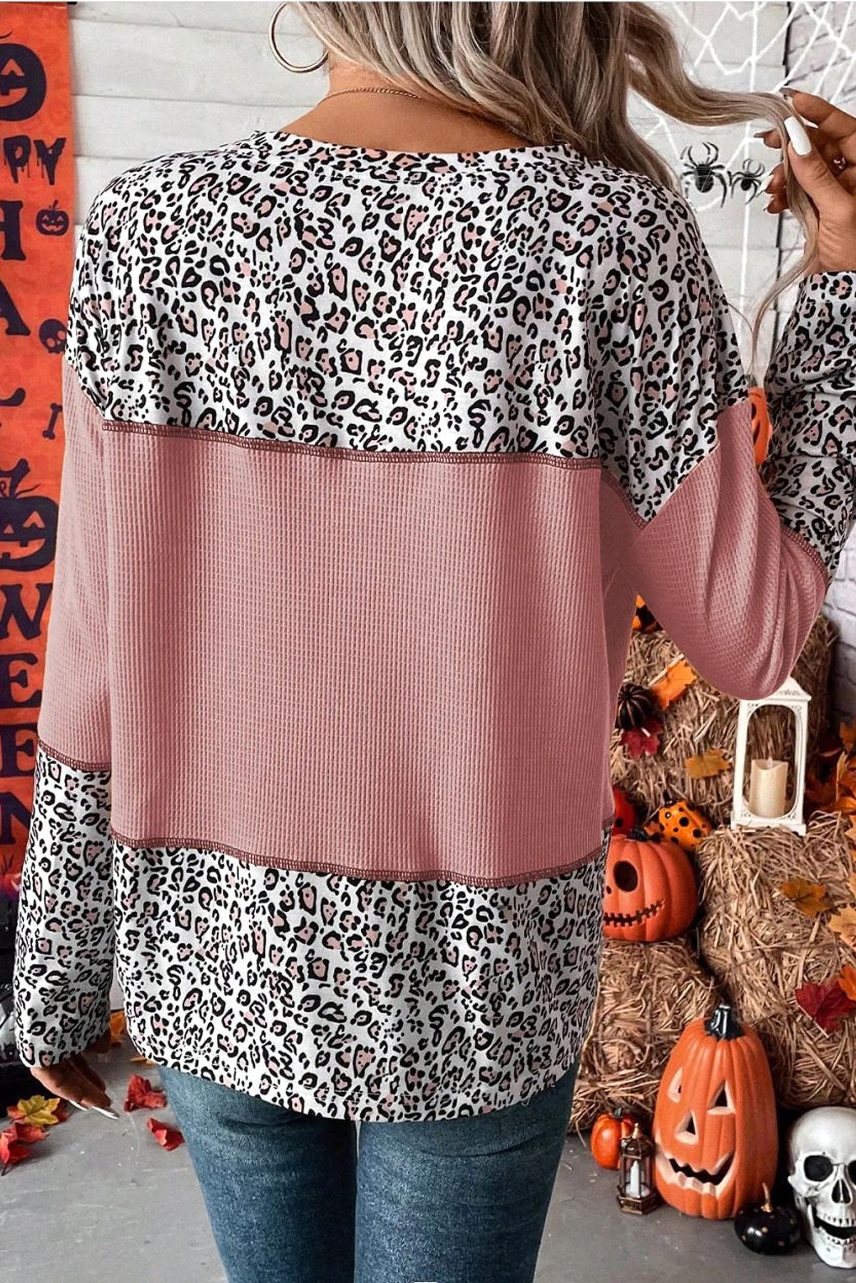 Women Round Neck Leopard Splicing Waffle Sweater - enhanced image 6