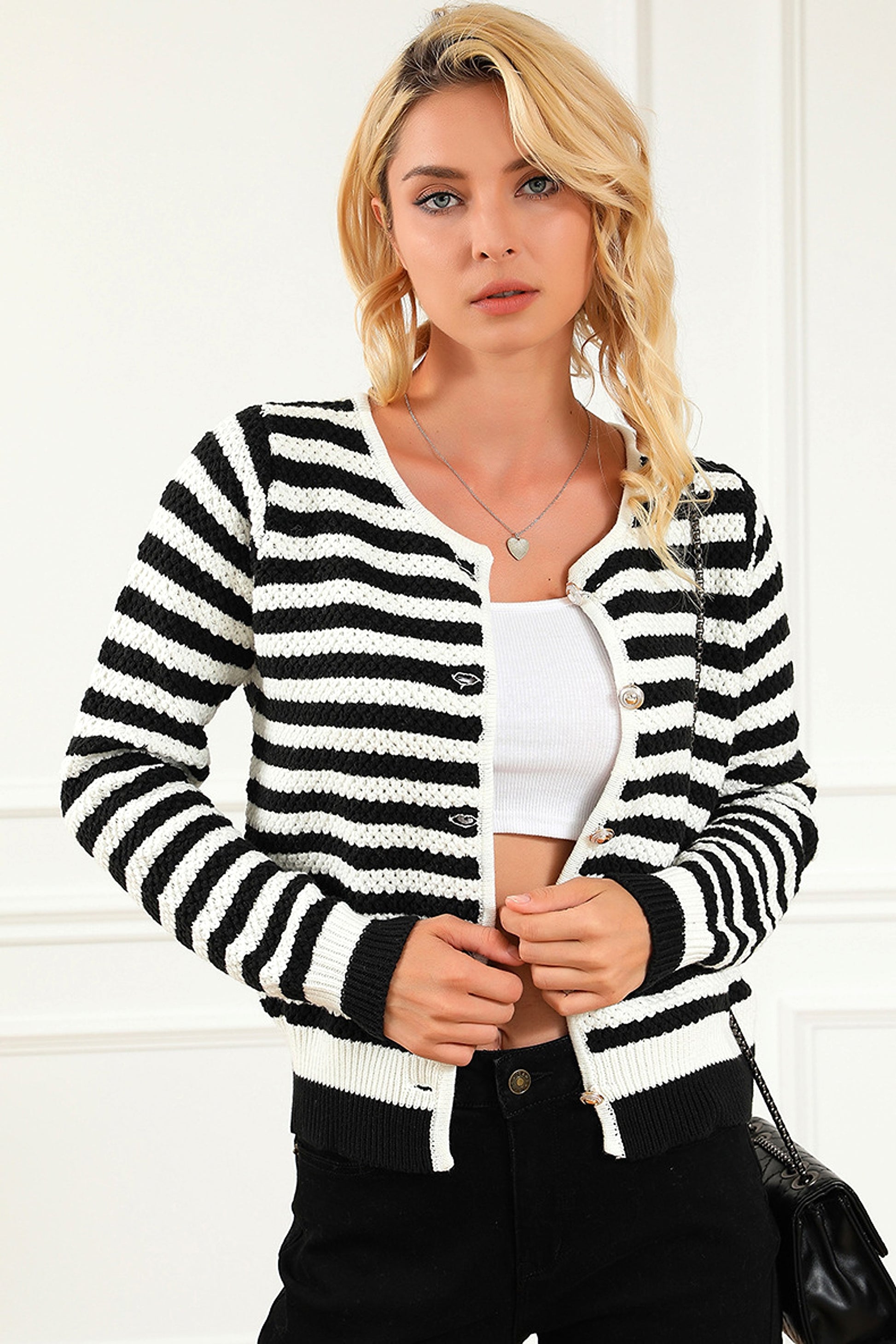 Women's Contrasting Striped Cardigan Sweater - enhanced image 6