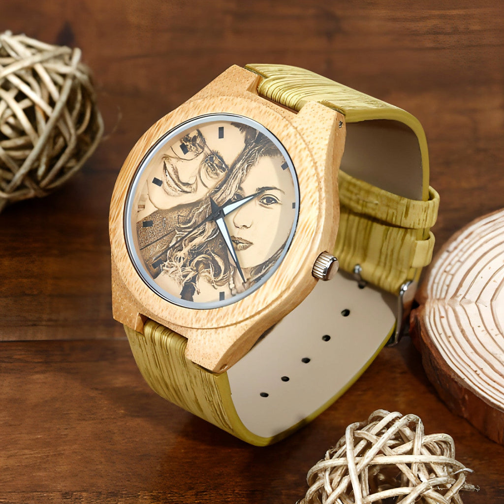 Engraved Bamboo Photo Watch Wooden Leather Strap 40mm - enhanced image 6