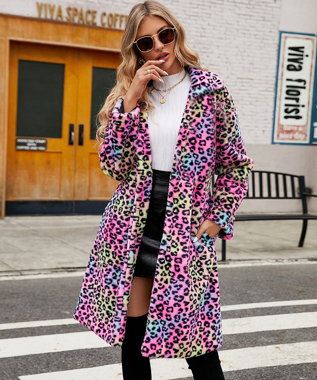 Women's Leopard Print Imitation Fur Plush Lapel Coat