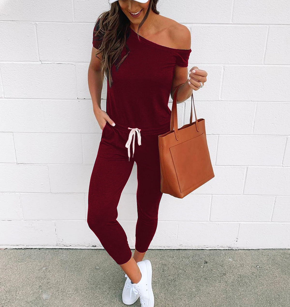 Women's Off-the-shoulder Short-sleeved Pocket Lace-up Shoulder Jumpsuit - enhanced image 6