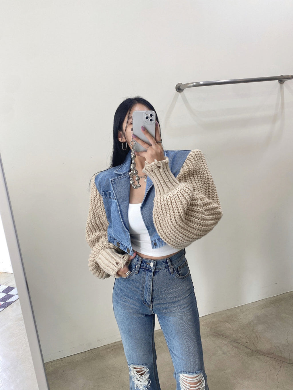 Women's Retro Minority Patchwork Knitting Denim Jacket - enhanced image 6