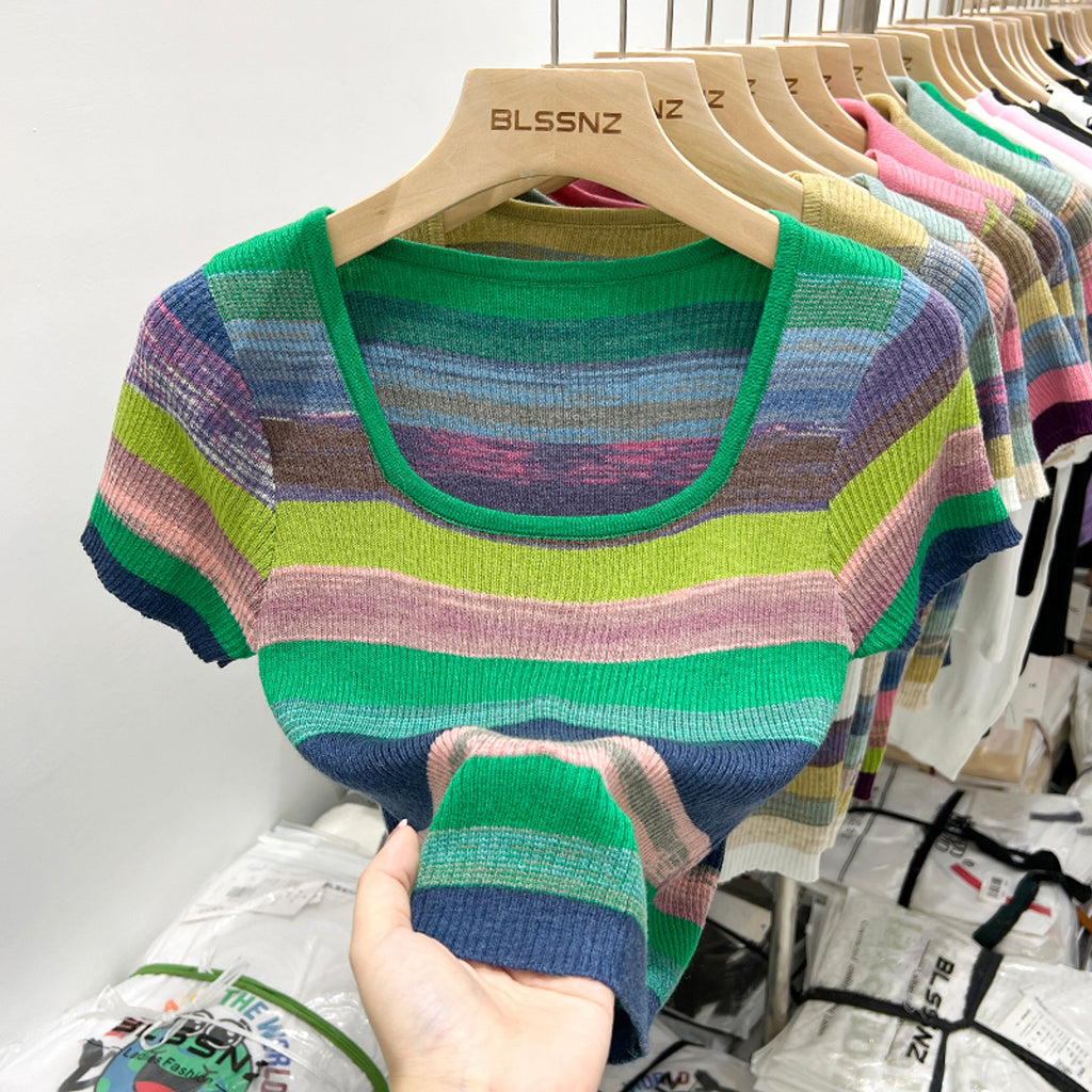 Women's Short Sleeve Square Collar Striped Ice Silk Knitted Sweater - enhanced image 6
