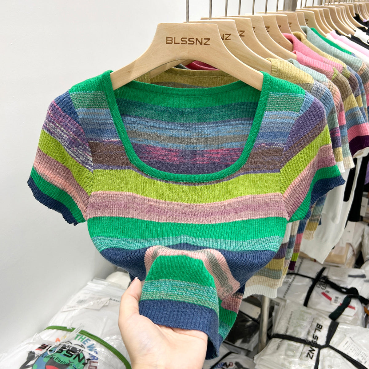 Women's Short Sleeve Square Collar Striped Ice Silk Knitted Sweater - enhanced image 6
