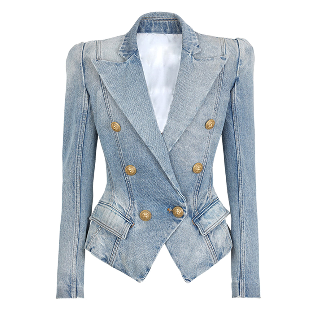 Women's Slim Double-breasted Lion Button Denim Suit Jacket - enhanced image 6