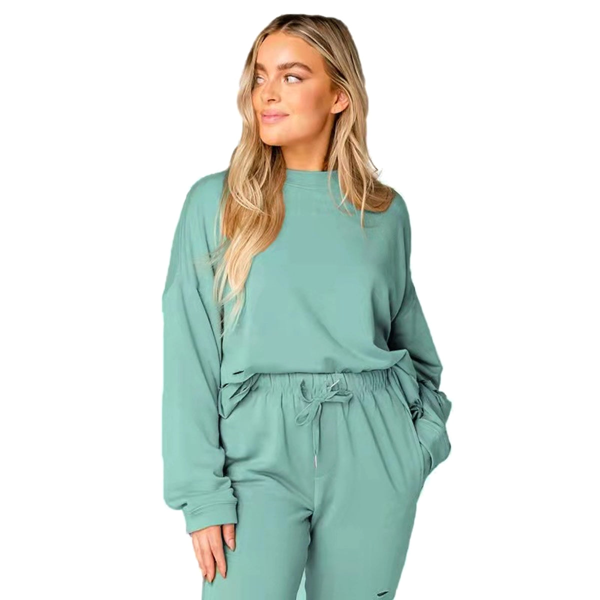 Women's Solid Color Ripped Tracksuit - enhanced image 6