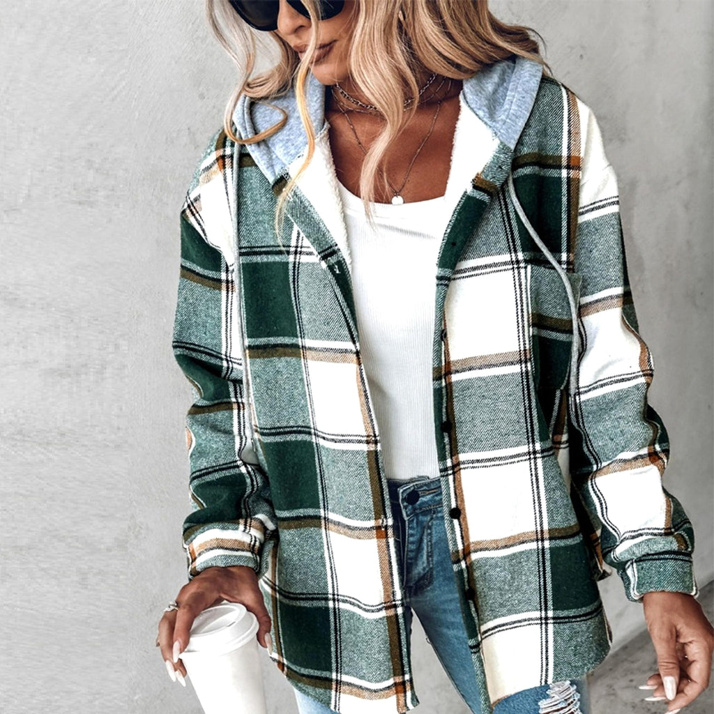 Women's Wear Solid Color Plaid Hooded Jacket - enhanced image 6