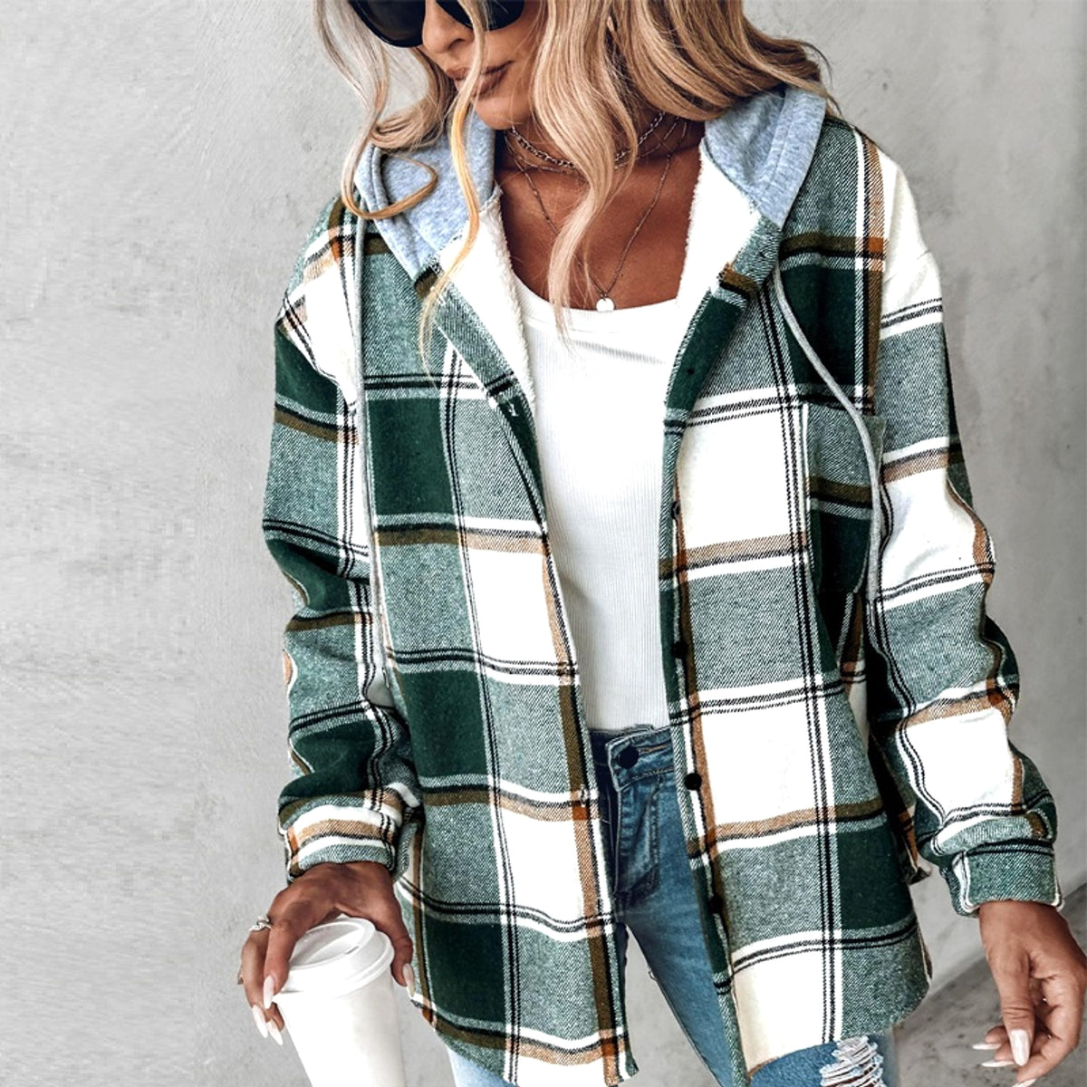Women's Wear Solid Color Plaid Hooded Jacket - enhanced image 6