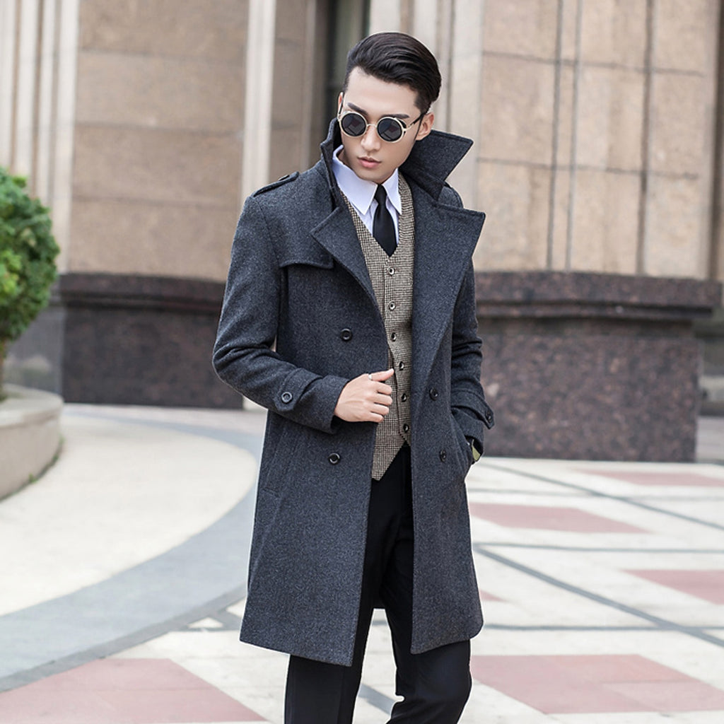 Woolen Striped Double Breasted Trench Coat Men - enhanced image 6