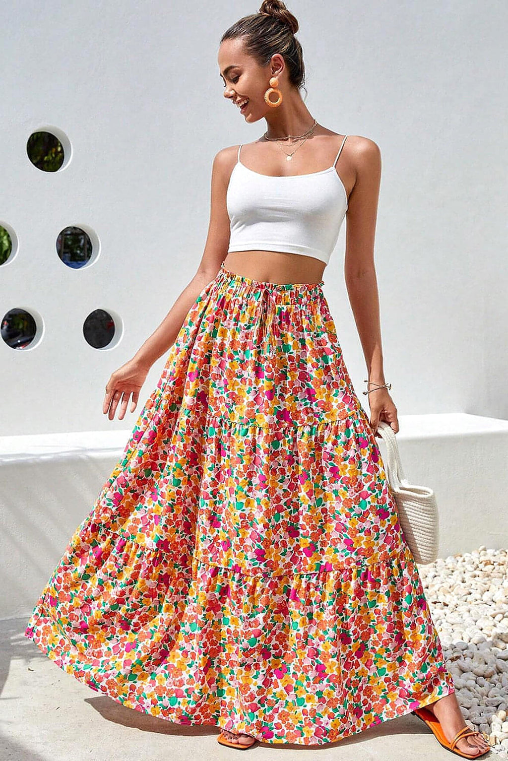 Yellow Boho Floral Print Tiered Long Skirt - enhanced image 6