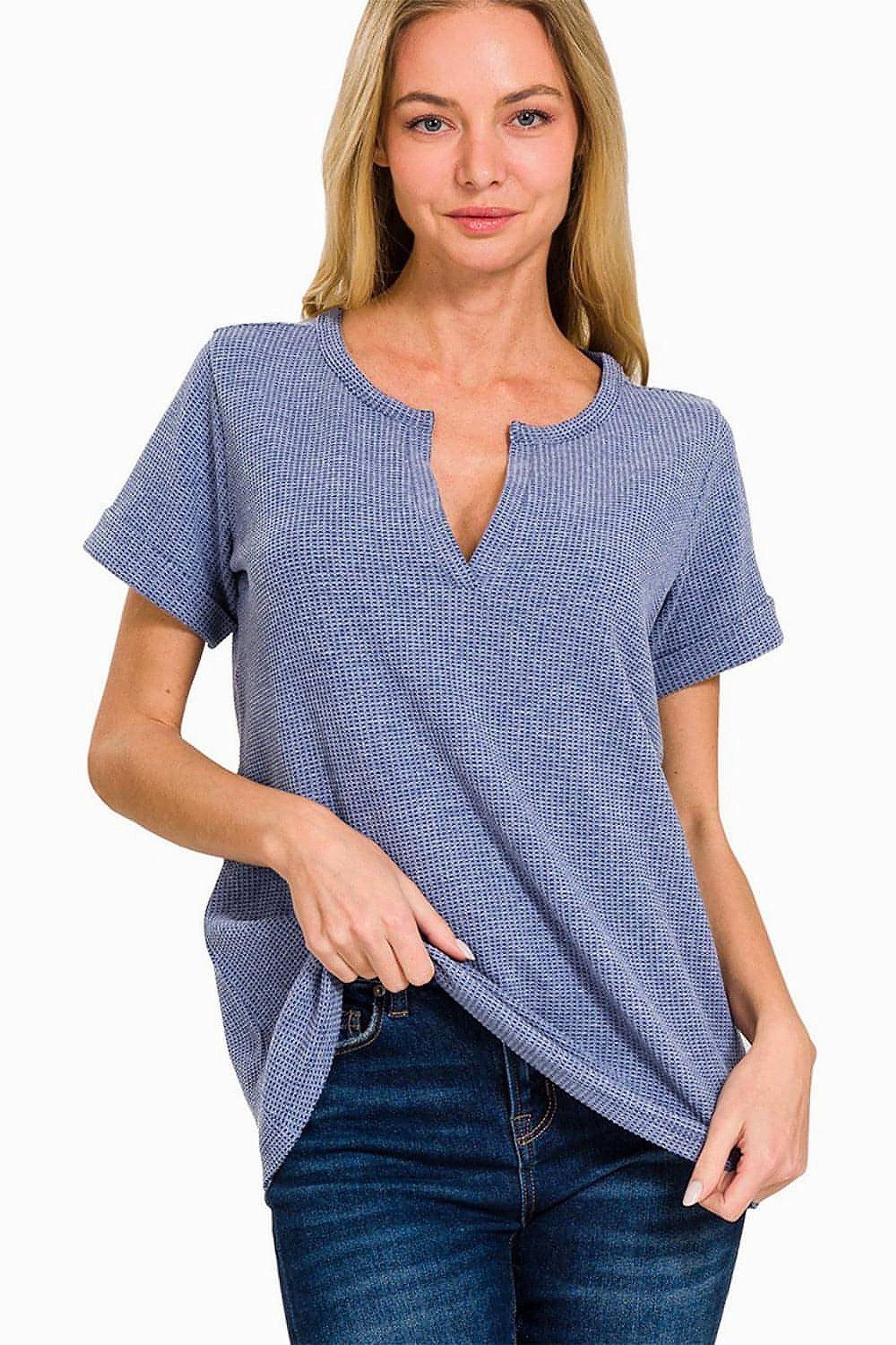 Zenana Notched Short Sleeve Waffle T-Shirt - enhanced image 6