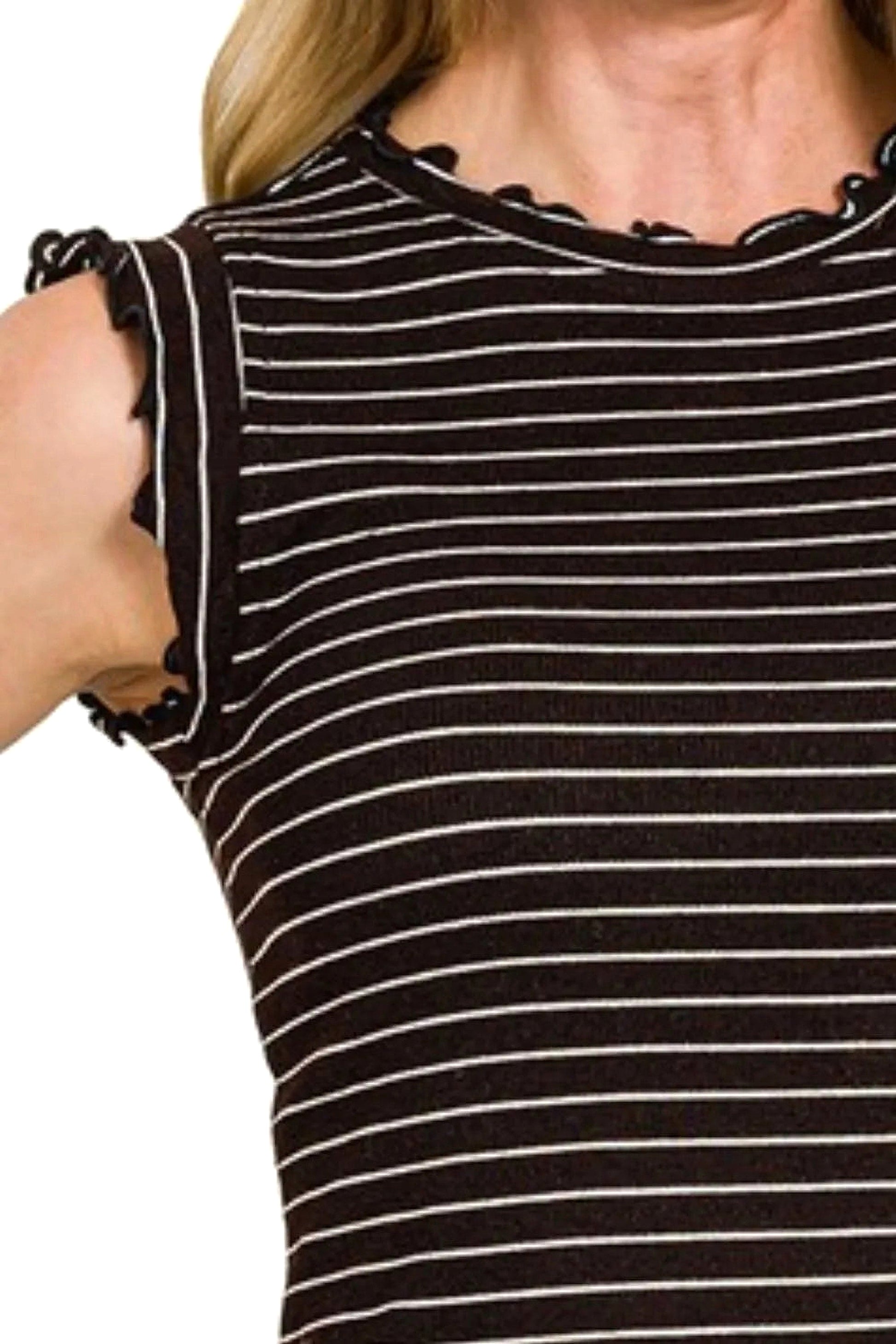 Zenana Ribbed Ruffle Trim Sleeveless Stripe Top - enhanced image 6