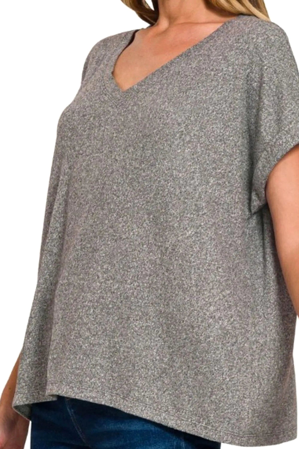 Zenana Soft Melange Hacci V-neck Tee - enhanced image 6