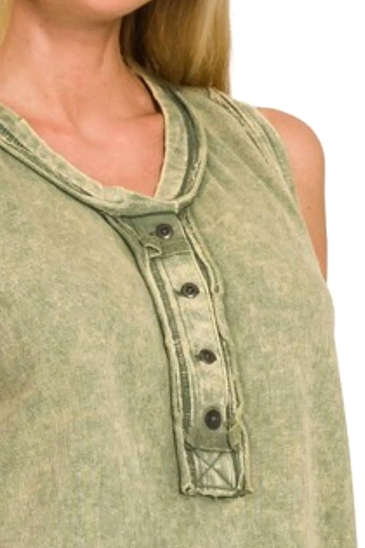 Zenana Washed Half-button Raw Edge Sleeveless Henley Top - enhanced image 6