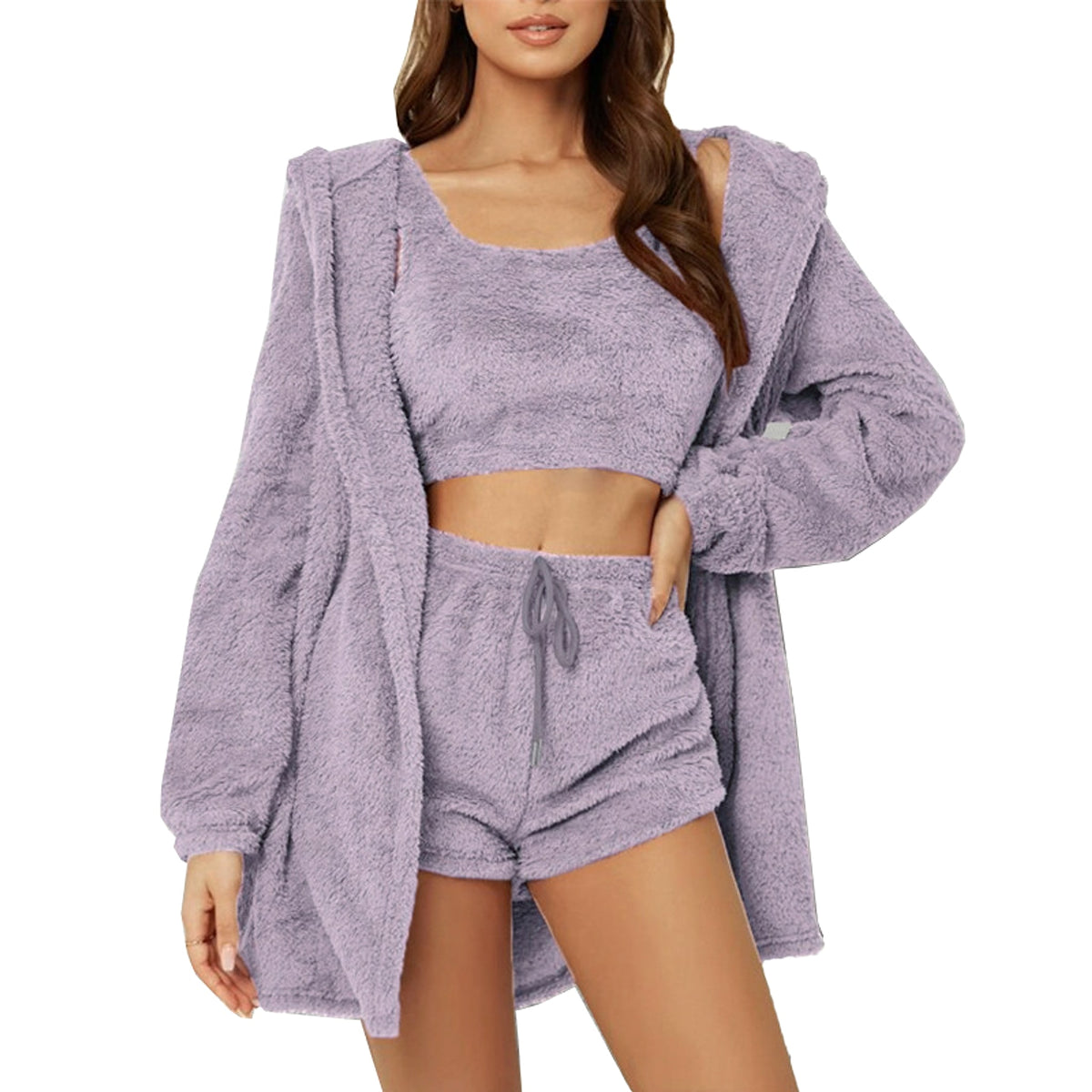 Suits 3pcs Winter Solid Color Double-sided Plush Warm Thickened Hooded Set Pajama - enhanced image 7