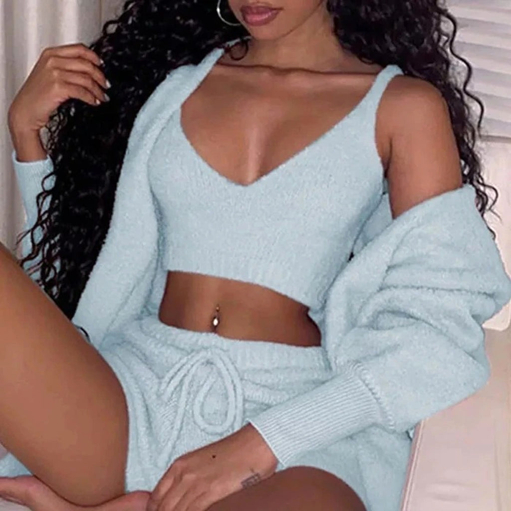 3pcs Women's Loungewear Set – Cozy Crop Tank, Drawstring Shorts & Long Sleeve Top - enhanced image 7