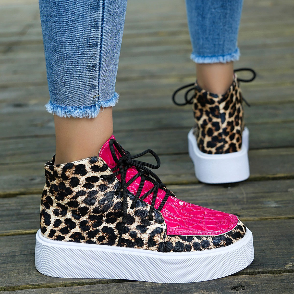 Autumn New High-top Leopard Print Flat-heeled Platform Lace Color Block Casual Women's Shoes - enhanced image 7