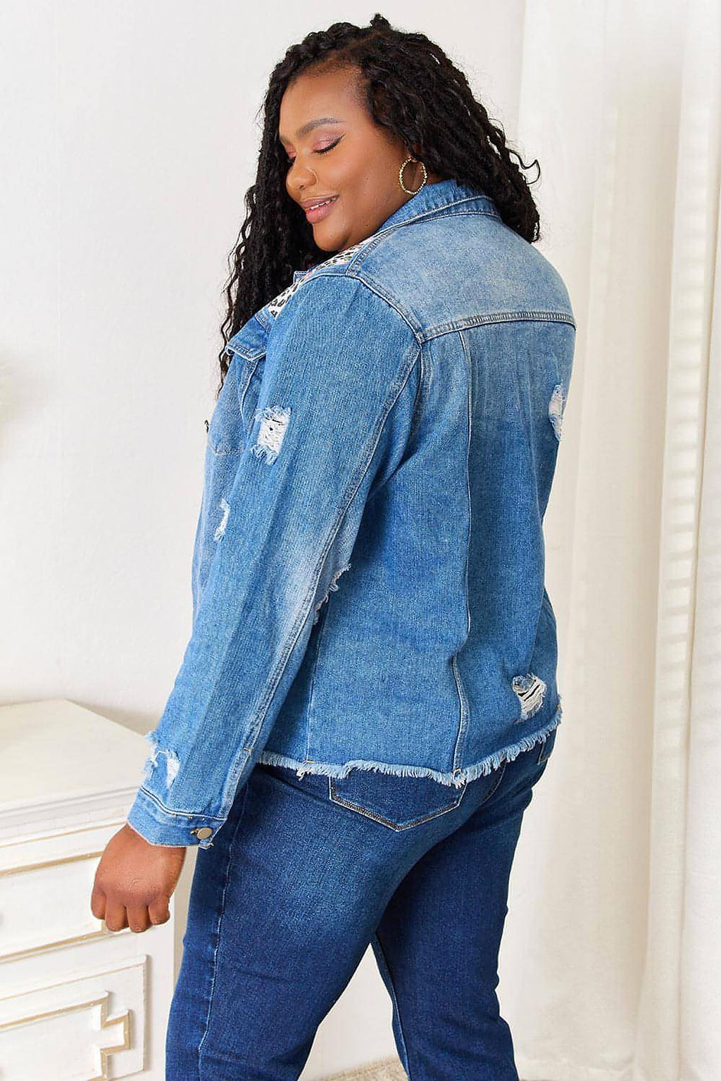 Baeful Leopard Floral Distressed Raw Hem Denim Jacket - enhanced image 7