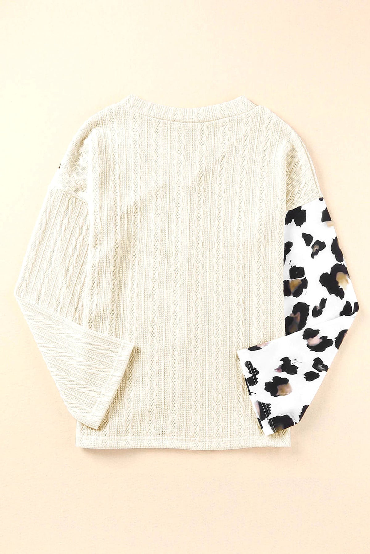 Beige Asymmetric Leopard Patchwork Wide Sleeve V Neck Sweater - enhanced image 7