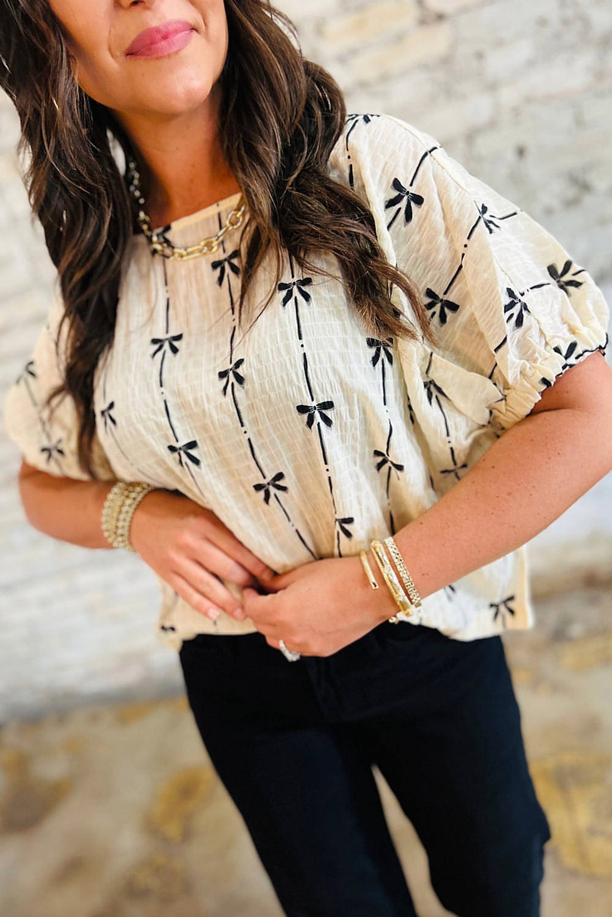 Beige Bow Print Puff Short Sleeve Top - enhanced image 7