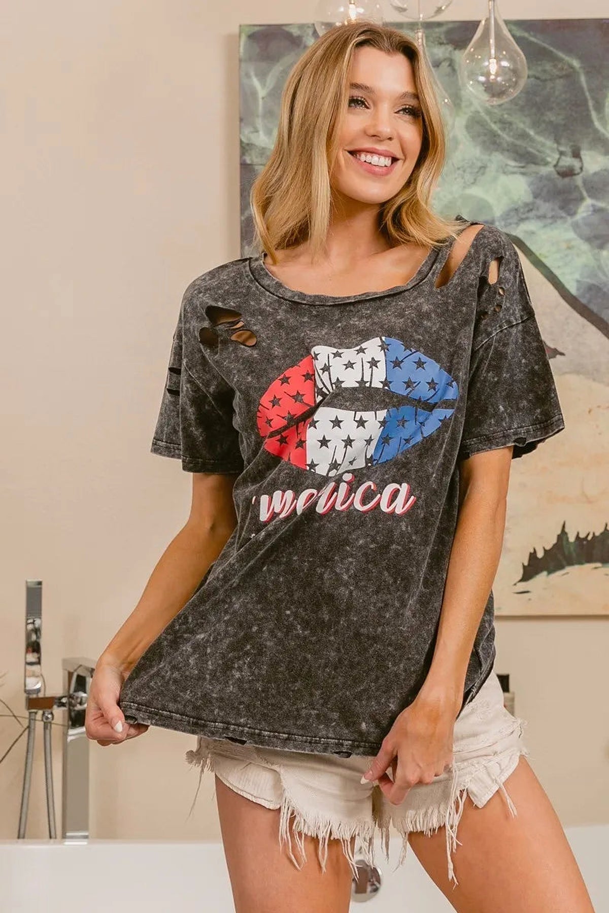 BiBi Laser Cut Mineral Washed Old Glory Lip Print Top - enhanced image 7