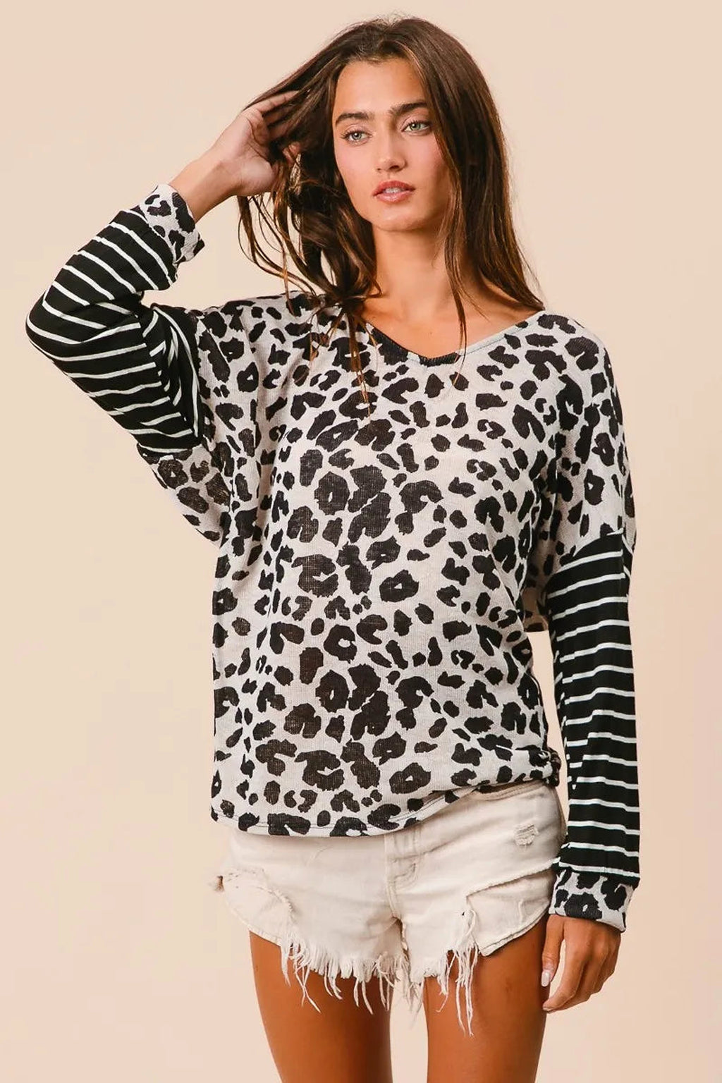 BiBi Leopard Hacci Knit Twist Back Top With Stripe Sleeve - enhanced image 7