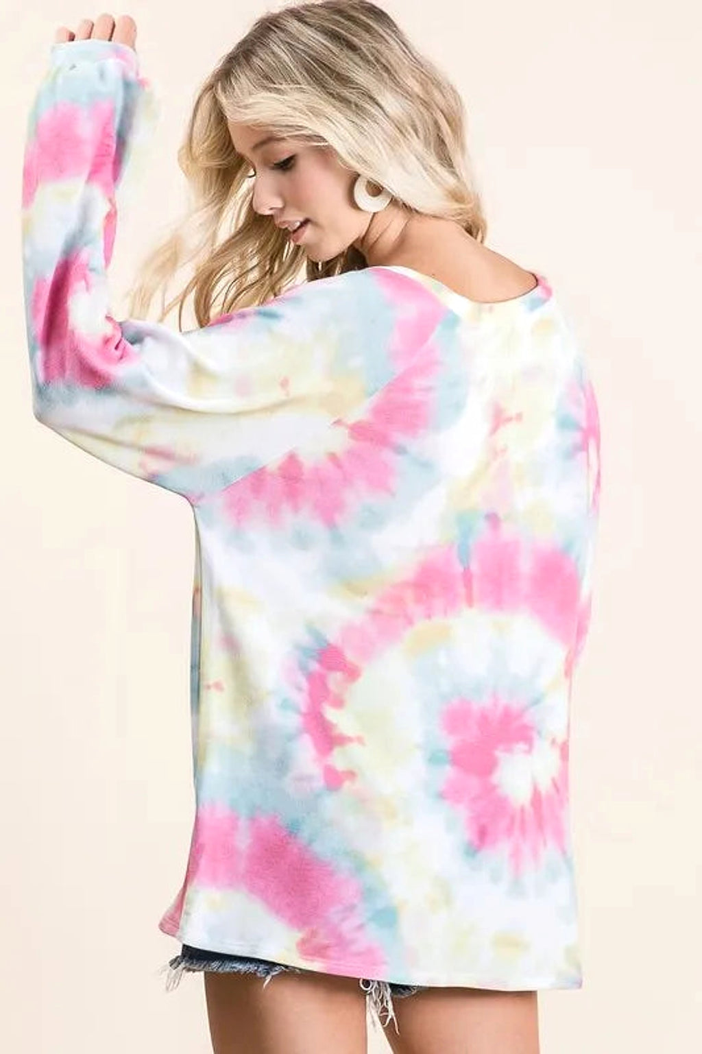 BiBi Tie Dye Print Terry Top With Puff Sleeves - enhanced image 7