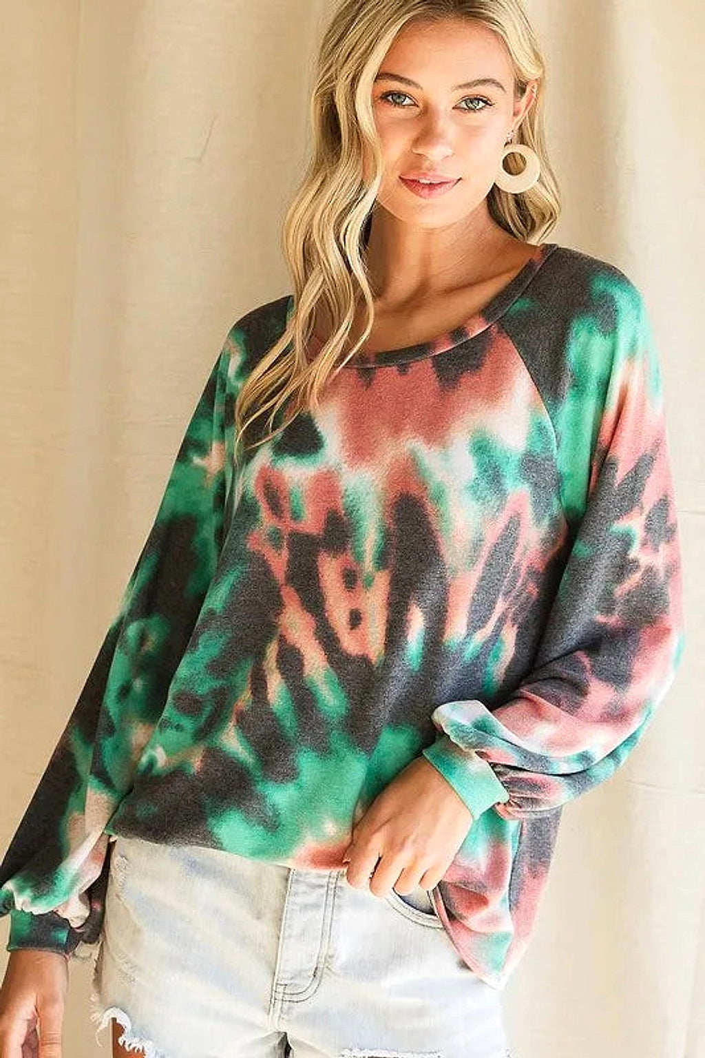 BiBi Tie Dye Print Terry Top with Puff Sleeves - enhanced image 7