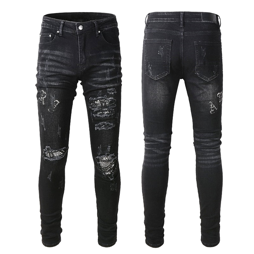 Black Cashew Flower Printed Patch Torn Jeans For Men - enhanced image 7