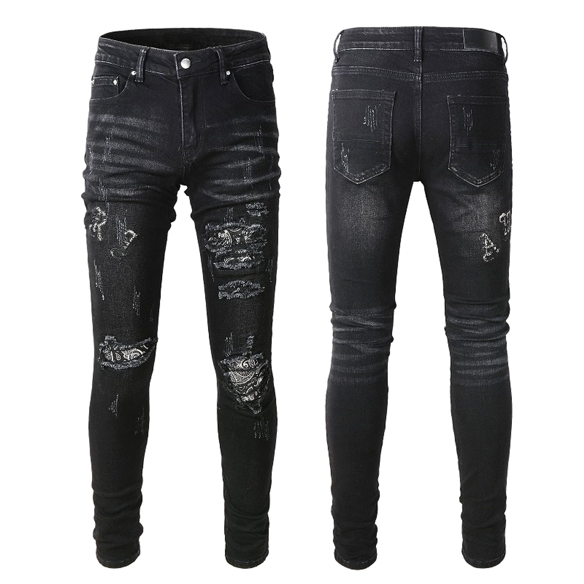 Black Cashew Flower Printed Patch Torn Jeans For Men - enhanced image 7