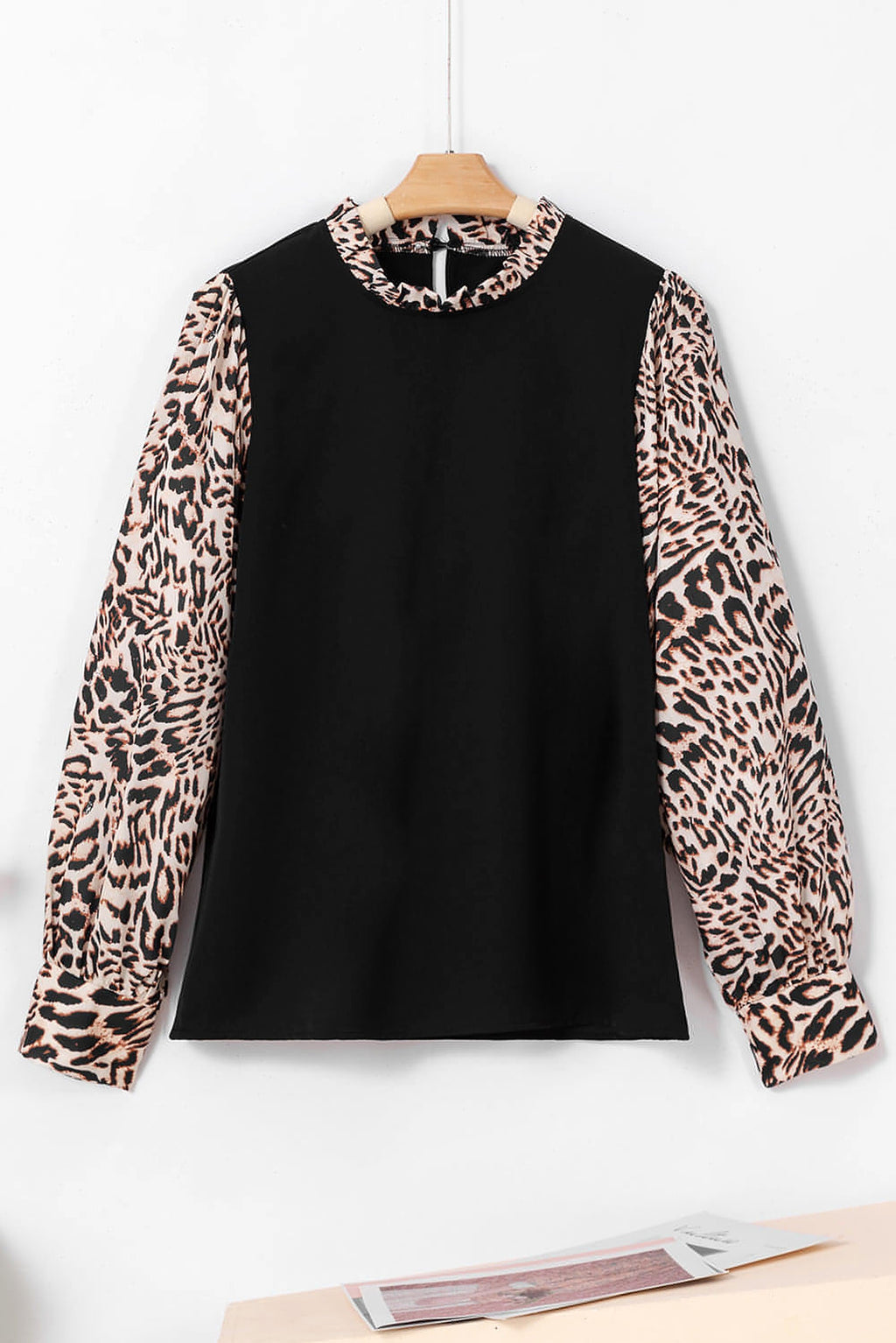 Black Contrast Leopard Print Lantern Sleeve Blouse - enhanced image 7