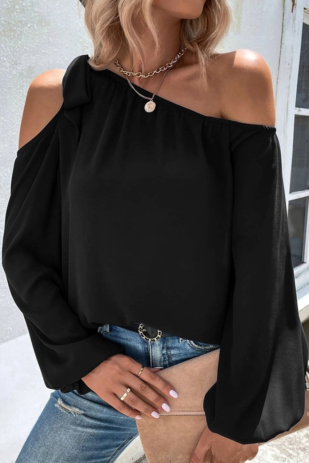 Black Knotted Asymmetric Off Shoulder Blouse - enhanced image 7