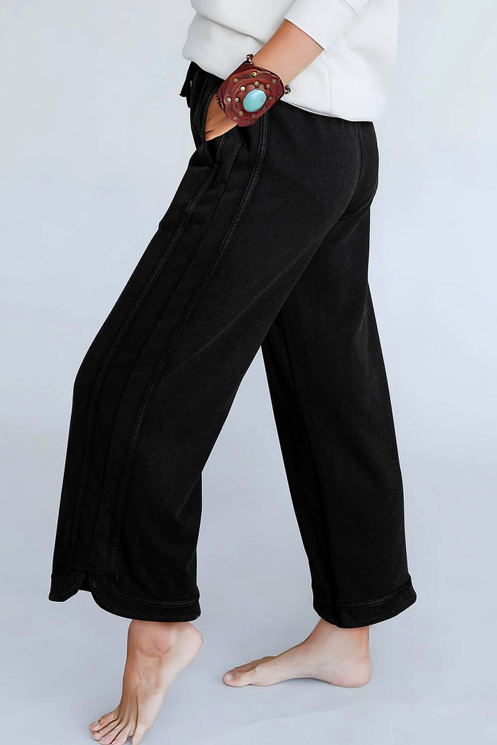 Black Mineral Wash Exposed Seam Wide Leg Pants - enhanced image 7