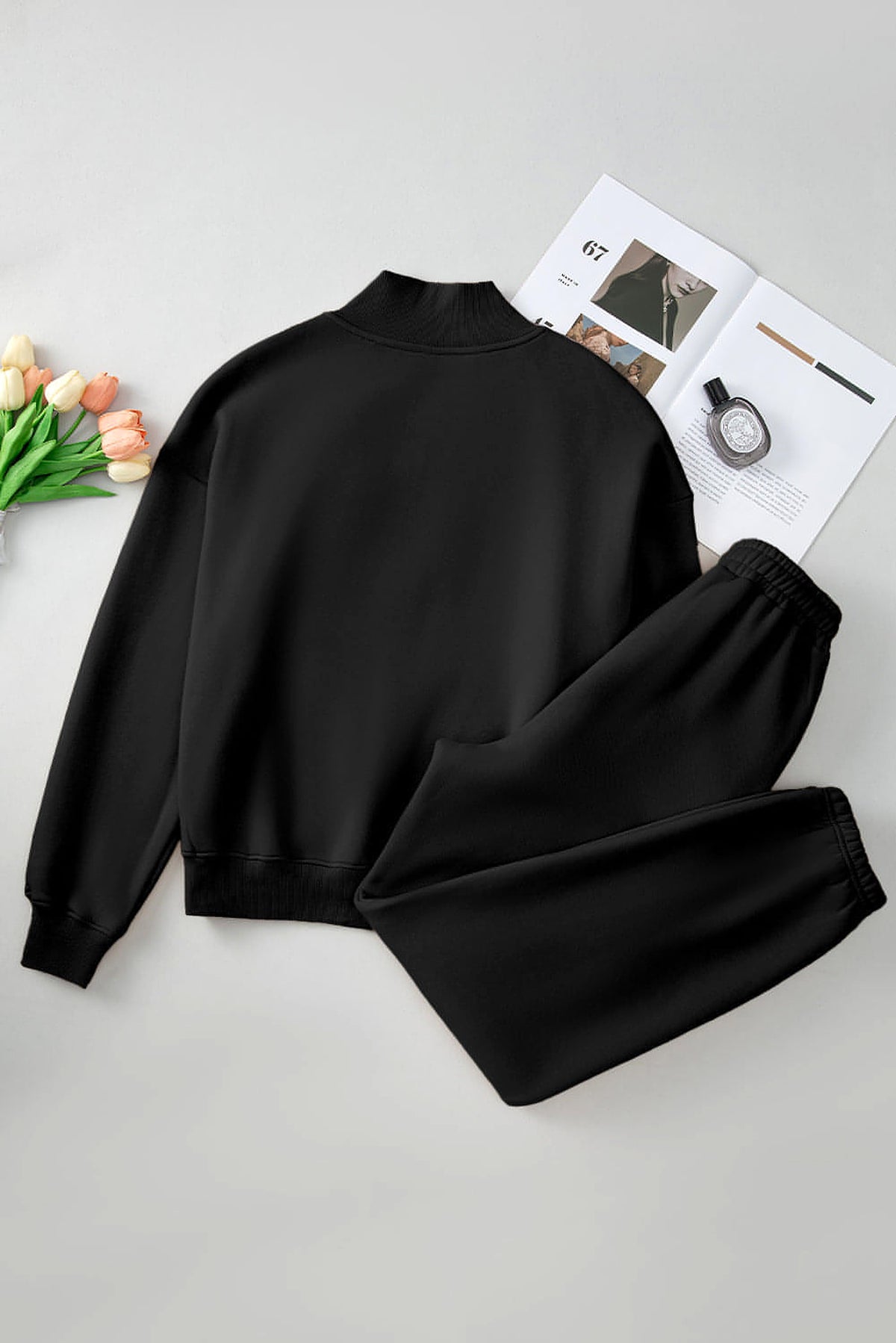 Black Plain Half Zip V Neck Ribbed Edge Loose Tracksuit - enhanced image 7