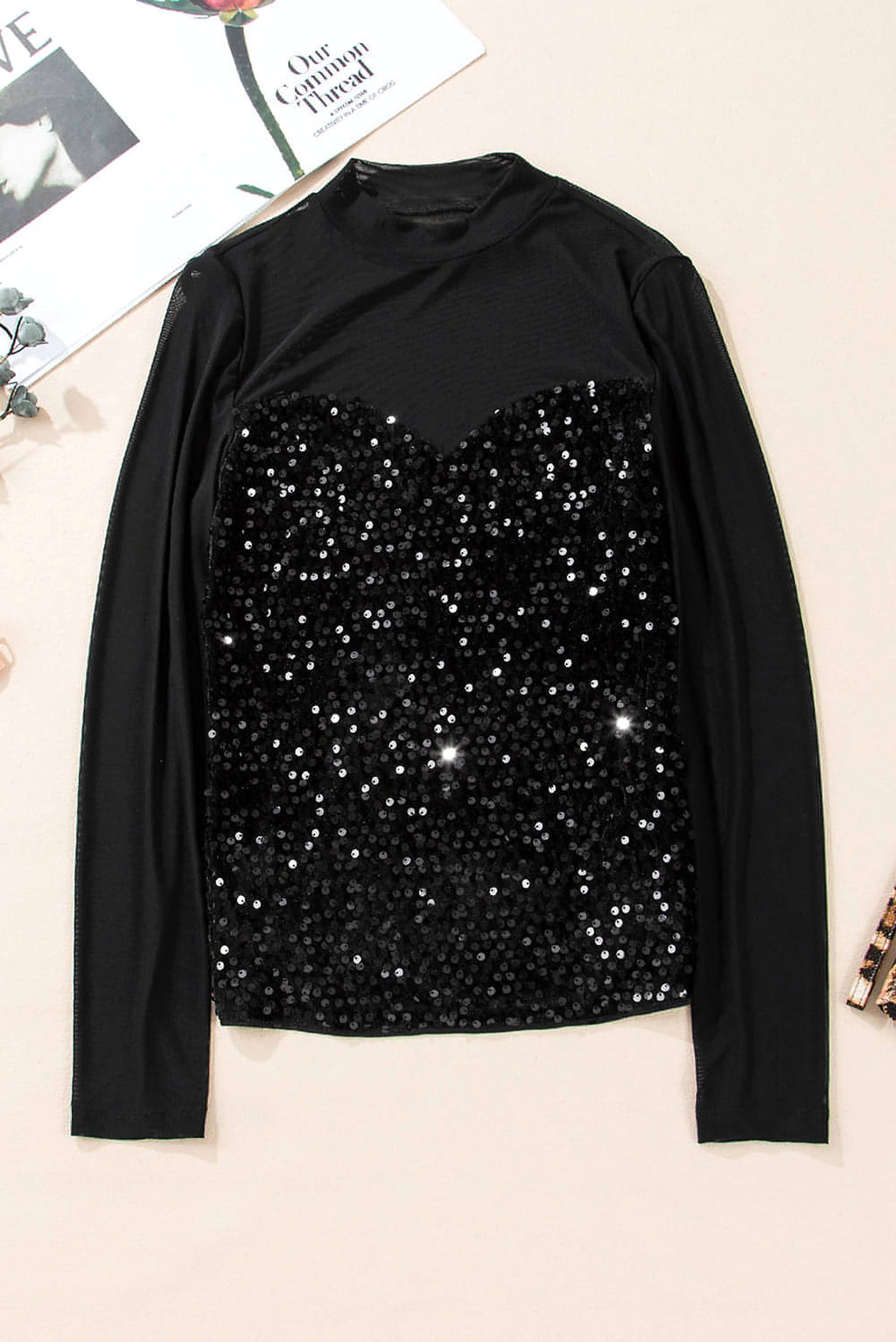 Black Sequin Velvet Sheer Mesh Mock Neck Blouse - enhanced image 7