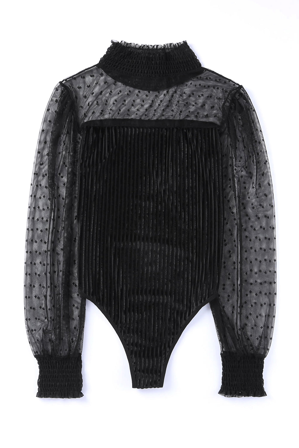Black Sheer Dotty Long Sleeve Ribbed Velvet Bodysuit - enhanced image 7