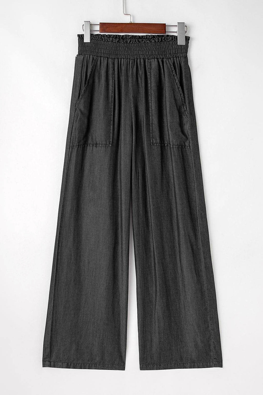 Black Side Pockets Frilled Smocked High Waist Wide Leg Jeans - enhanced image 7